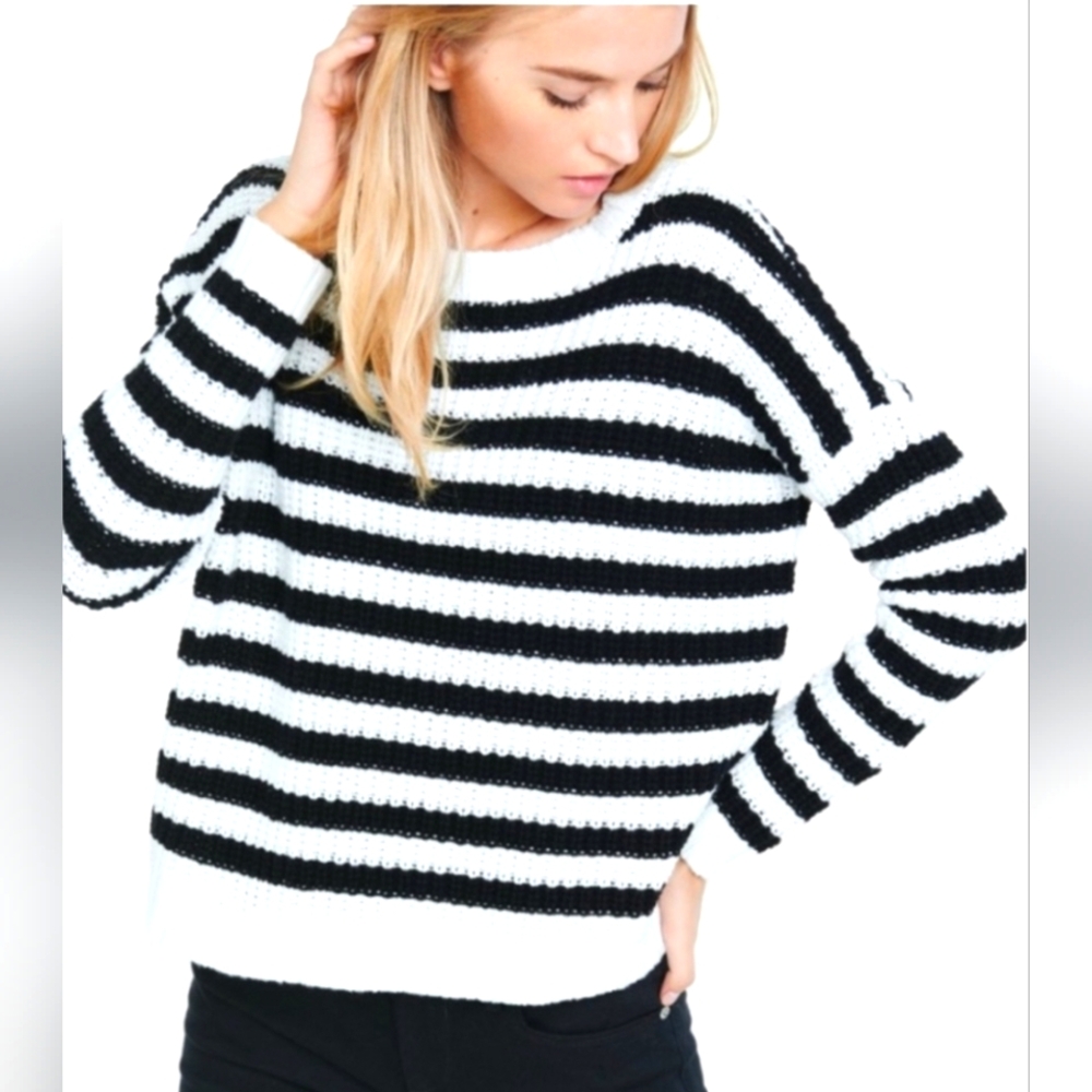 Express Olive And Black Striped Crew Neck Sweater